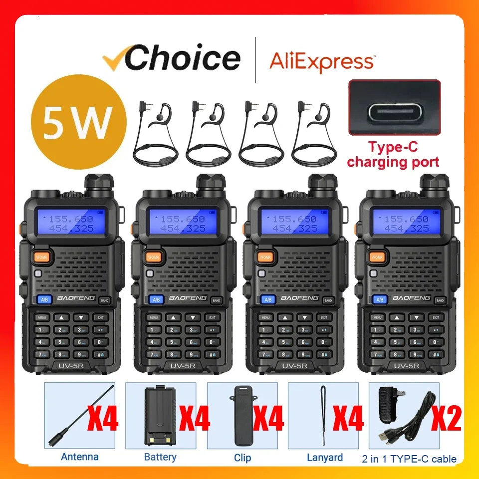 Baofeng UV-5R 4-Pack — Tri-Power 5W, Dual Band, Long Range Walkie Talkie