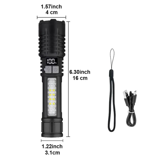 Linterna táctica LED — Linterna de mano con zoom recargable por USB para camping y supervivencia