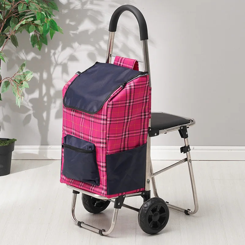 Carrito Plegable de 3 Ruedas con Asiento – Carrito de Compras para Subir Escaleras para Personas Mayores y Uso en Exteriores (Gris, Marrón, Rojo)