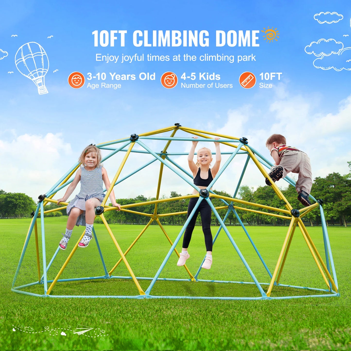 Geometric Climbing Dome — 6/8/10/12 FT, Jungle Gym with Hammock Swing