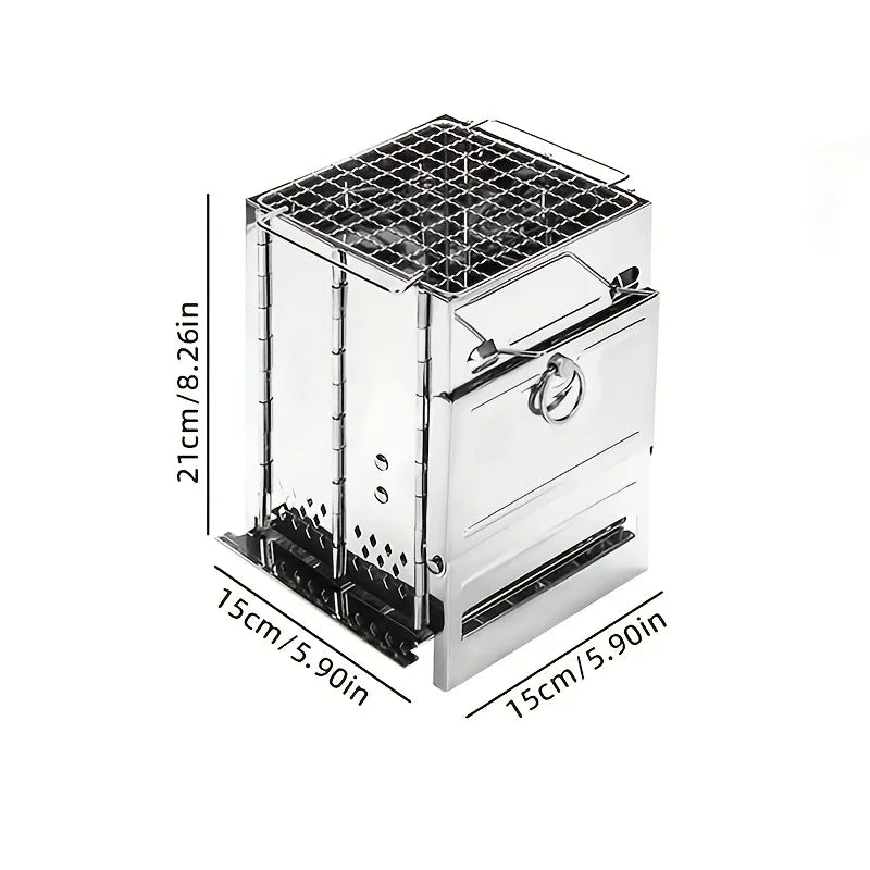 Estufa de leña plegable portátil – Estufa de camping de acero inoxidable con parrilla de carbón y fogata para barbacoa