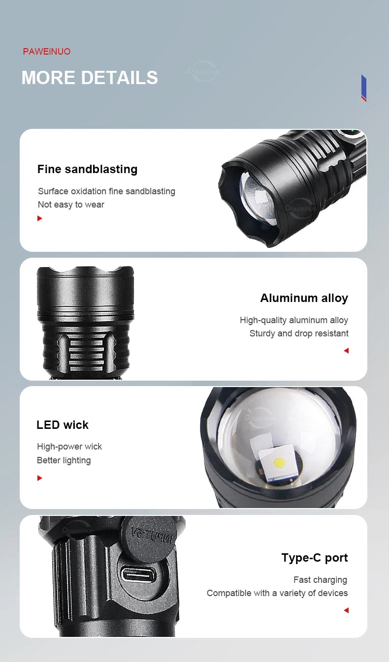 LED Tactical Military Flashlight High Power Rechargeable USB 18650 Torch Light Self Defense Hunting Night Scout Zoom Flashlights