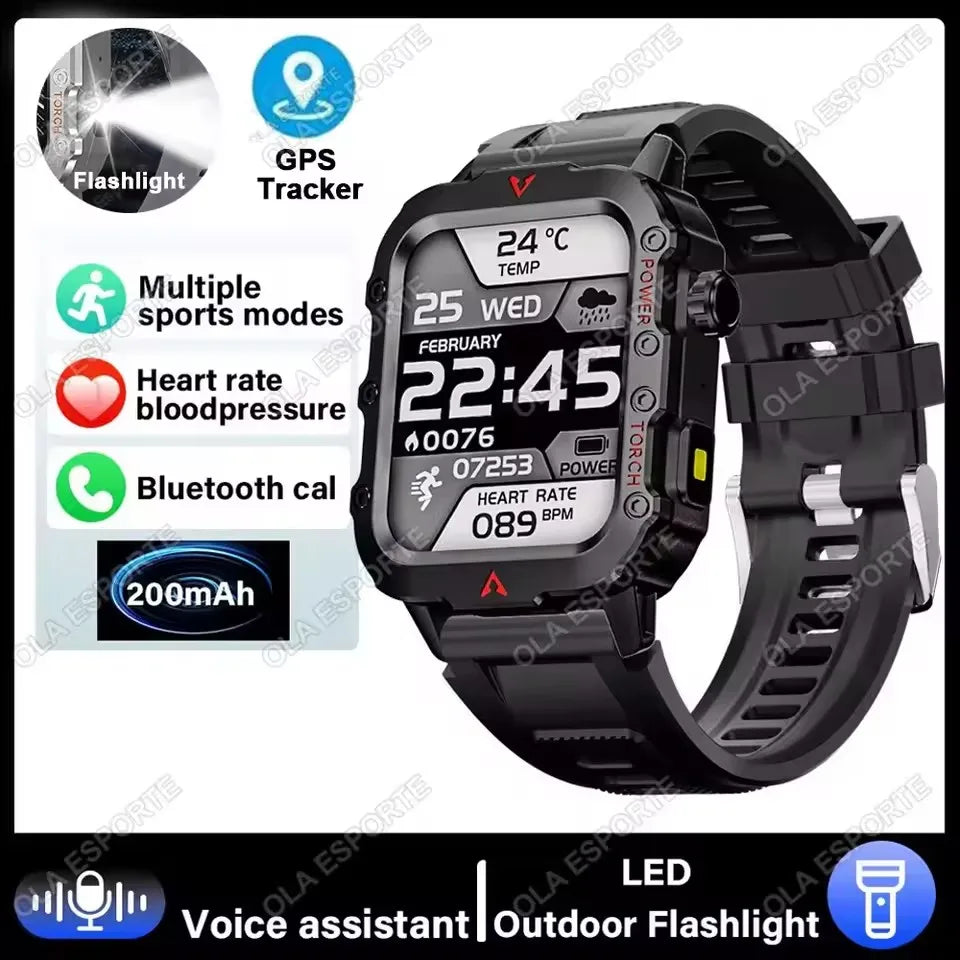 Military Smart Watch – GPS Flashlight 3ATM Waterproof Bluetooth Call 100+ Sport Modes Outdoor Smartwatch for Men