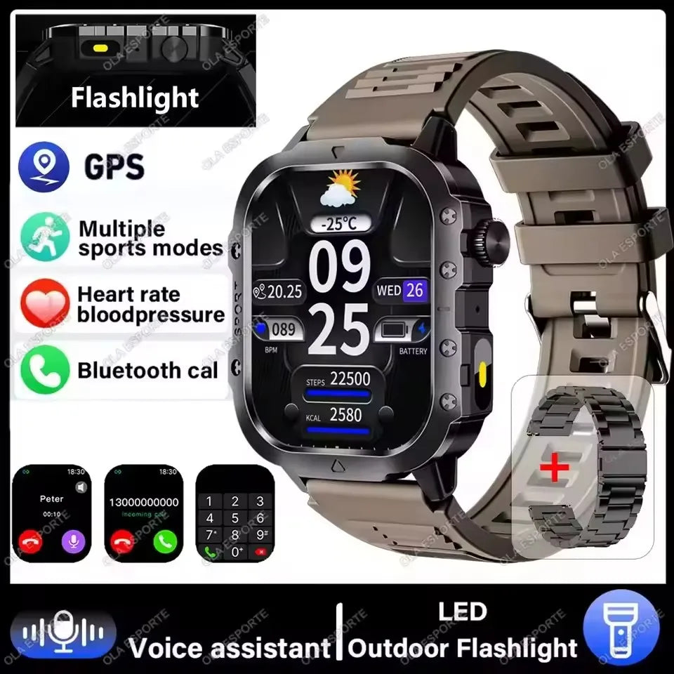 Military GPS Smart Watch – 2.01" AMOLED Bluetooth Call Flashlight 3ATM Waterproof Sports Smartwatch for Men