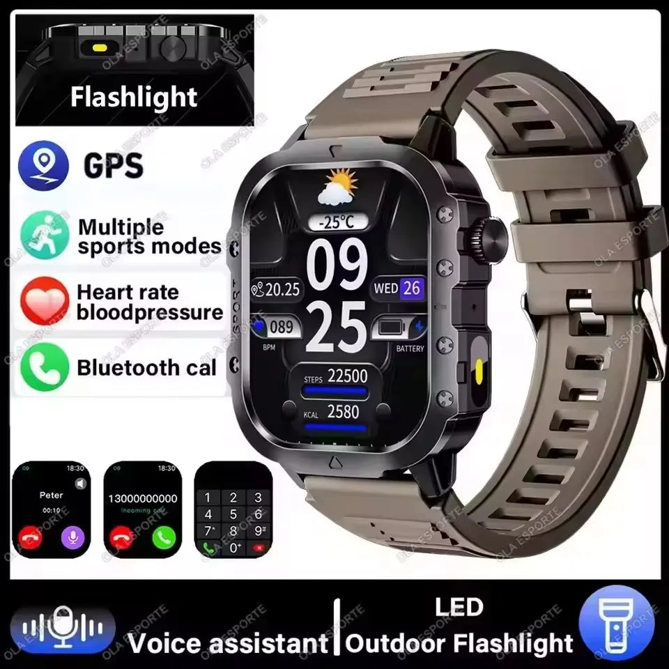 Military GPS Smart Watch – 2.01" AMOLED Bluetooth Call Flashlight 3ATM Waterproof Sports Smartwatch for Men