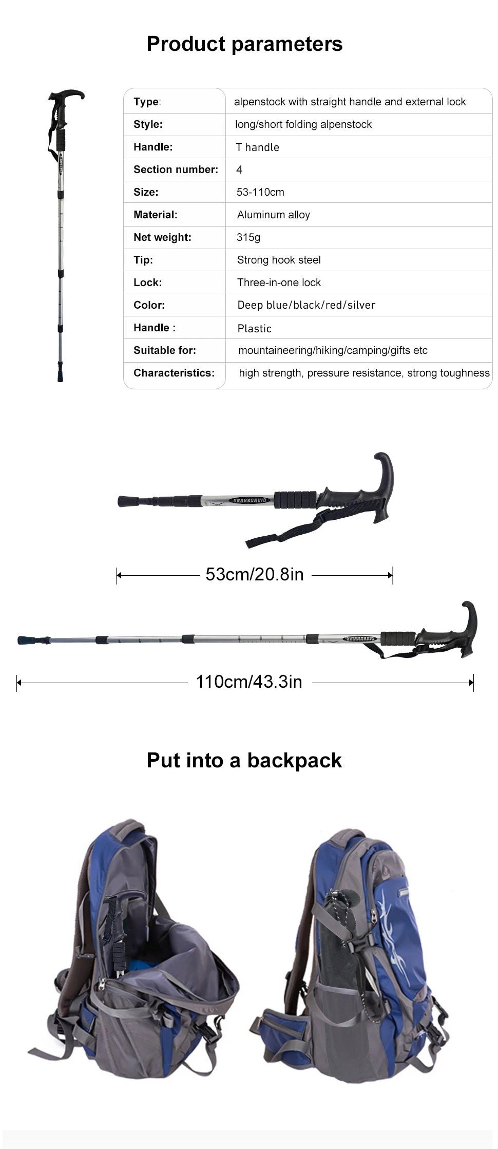 Folding Trekking Pole – 4-Section Portable Telescopic Hiking Stick