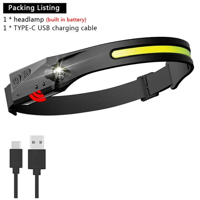 Sensor LED Headlamp – Rechargeable, 5 Lighting Modes, Built-in Battery for Camping & Fishing