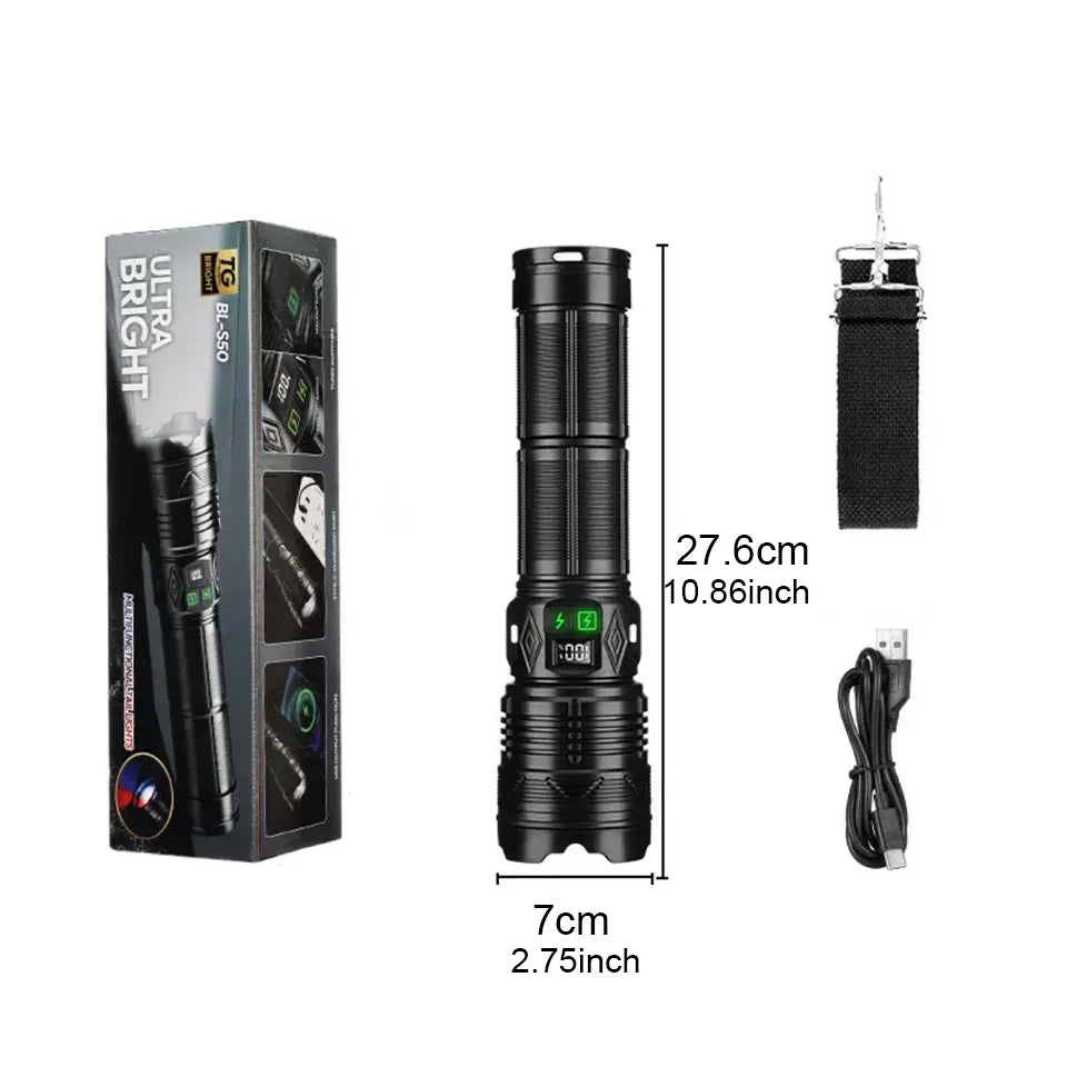 Linterna táctica LED — Linterna de mano con zoom recargable por USB para camping y supervivencia