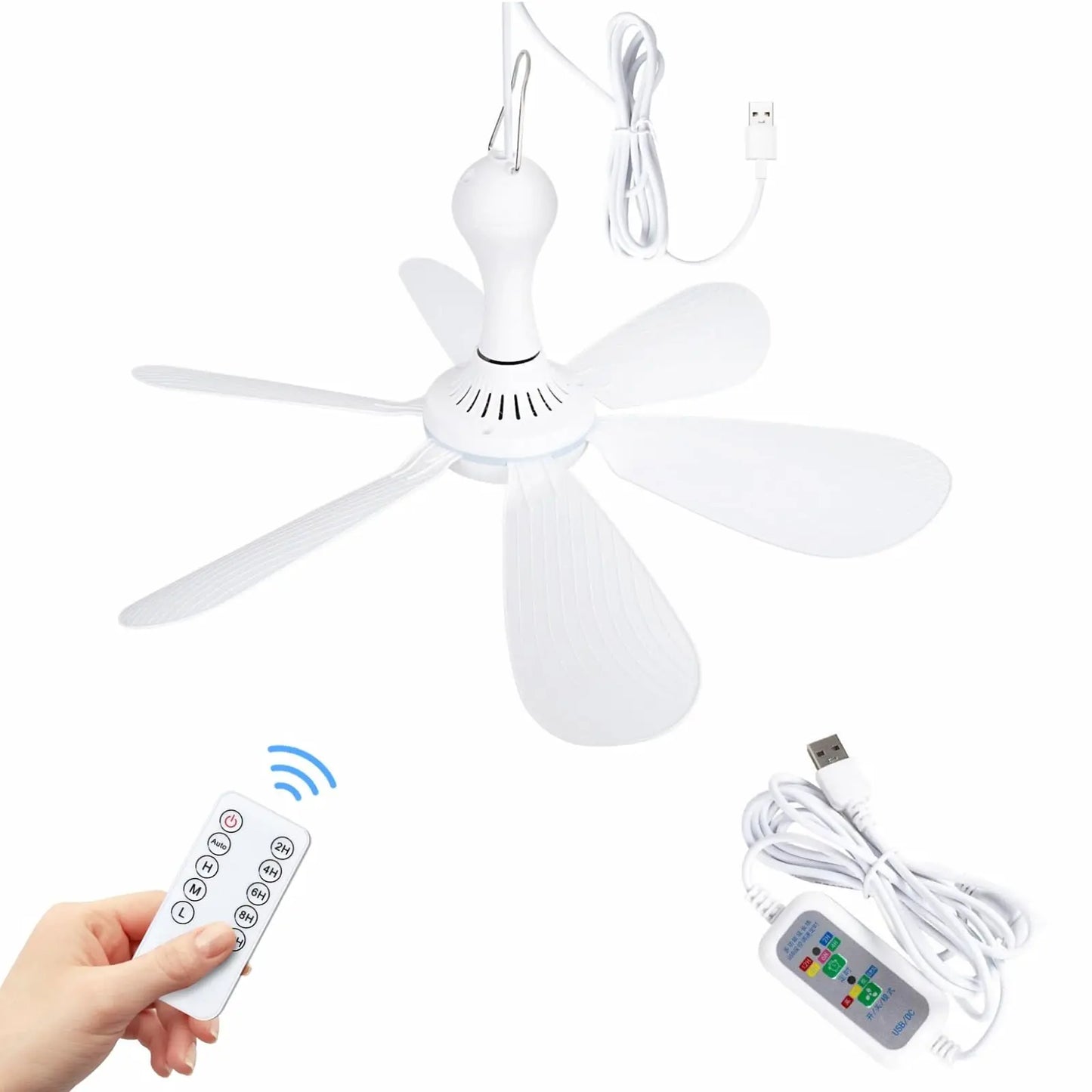 Silent 6-Blade USB Ceiling Canopy Fan – Remote Control, 4-Speed Timing Hanging Fan for Camping, Tent, Bed & Dormitory