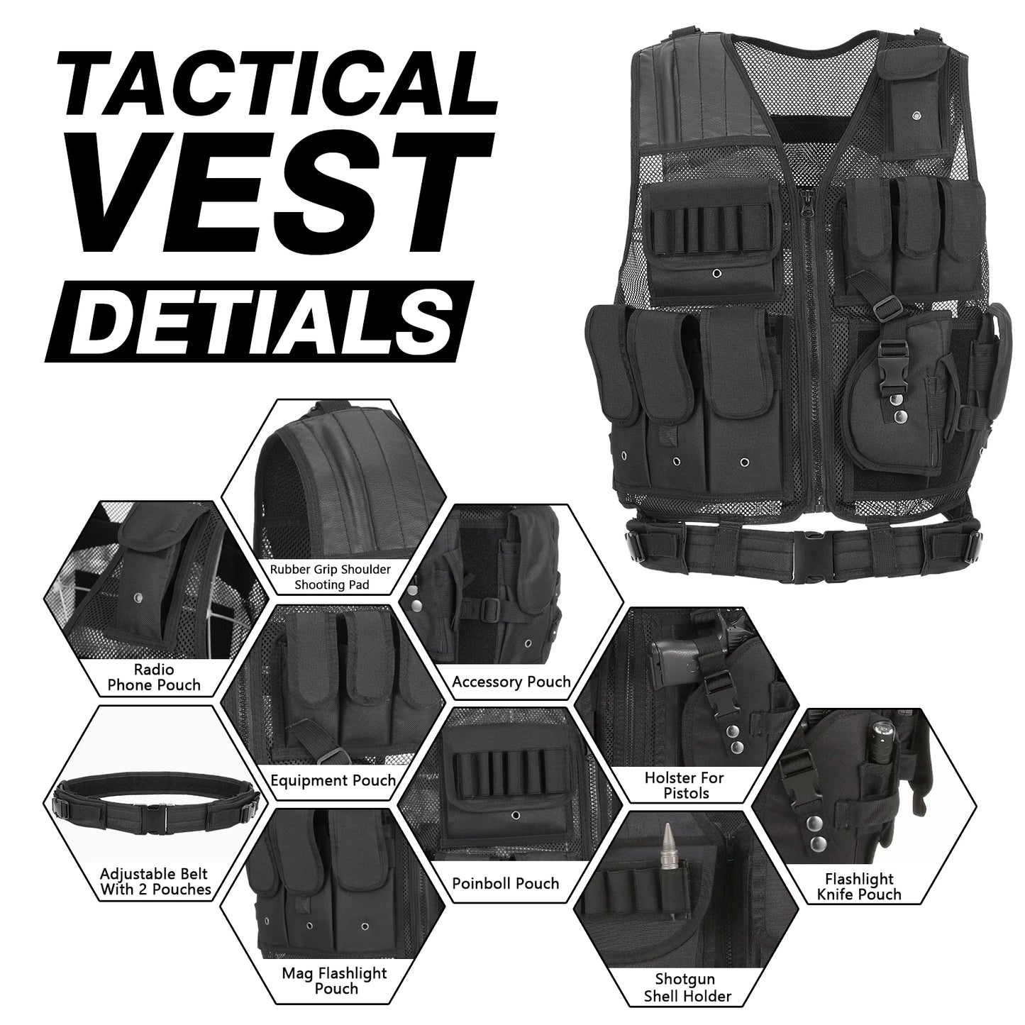 Tactical Vest – Nylon Adjustable Multi-Pocket Vest for Hunting, Camping, Hiking & Airsoft