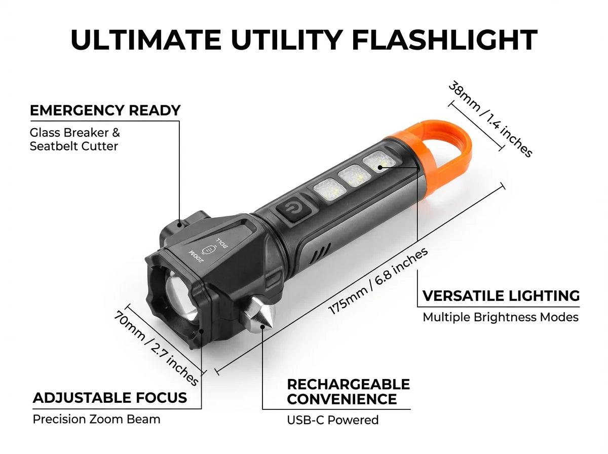 Tactical LED Flashlight – Emergency Defense Torch with Safety Hammer, Seatbelt Cutter & Strobe Mode for Survival & Car Safety