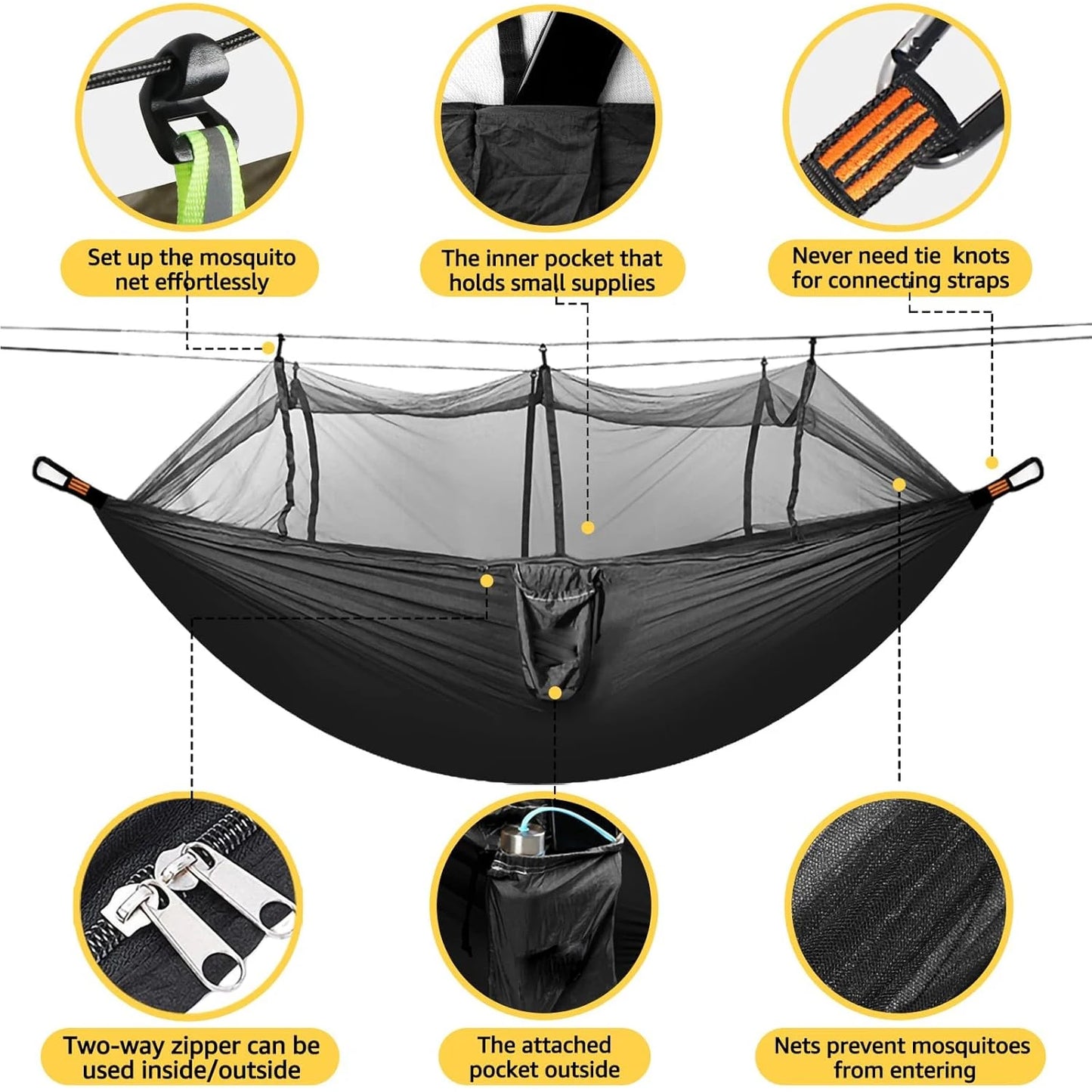 Lightweight Camping Hammock with Mosquito Net — 210T Nylon, 400 lbs Capacity