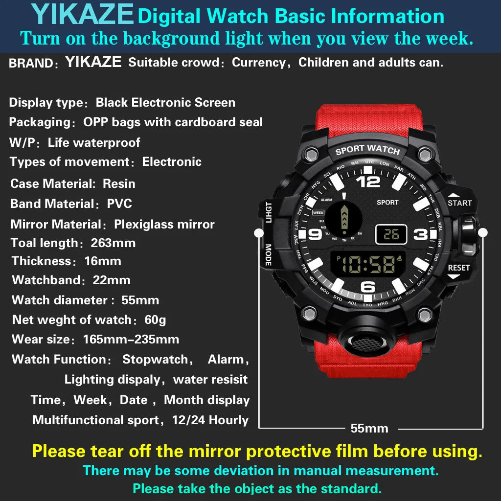 Men's Military Sports Watch – Large Dial Multifunctional Waterproof Luminous Alarm Digital Wristwatch for Men & Kids