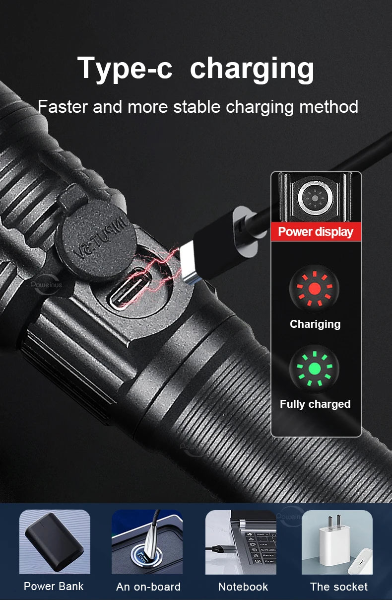 LED Tactical Military Flashlight High Power Rechargeable USB 18650 Torch Light Self Defense Hunting Night Scout Zoom Flashlights