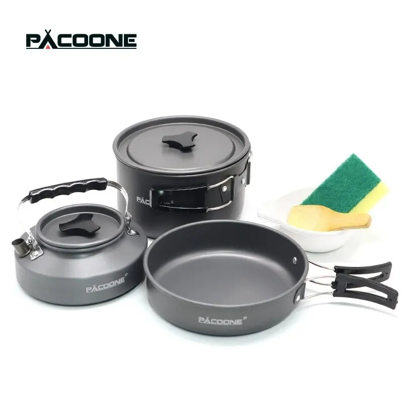 PACOONE Portable Camping Cookware Set – Outdoor Pot, Pan, Kettle & Tableware Kit