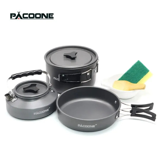 PACOONE Portable Camping Cookware Set – Outdoor Pot, Pan, Kettle & Tableware Kit