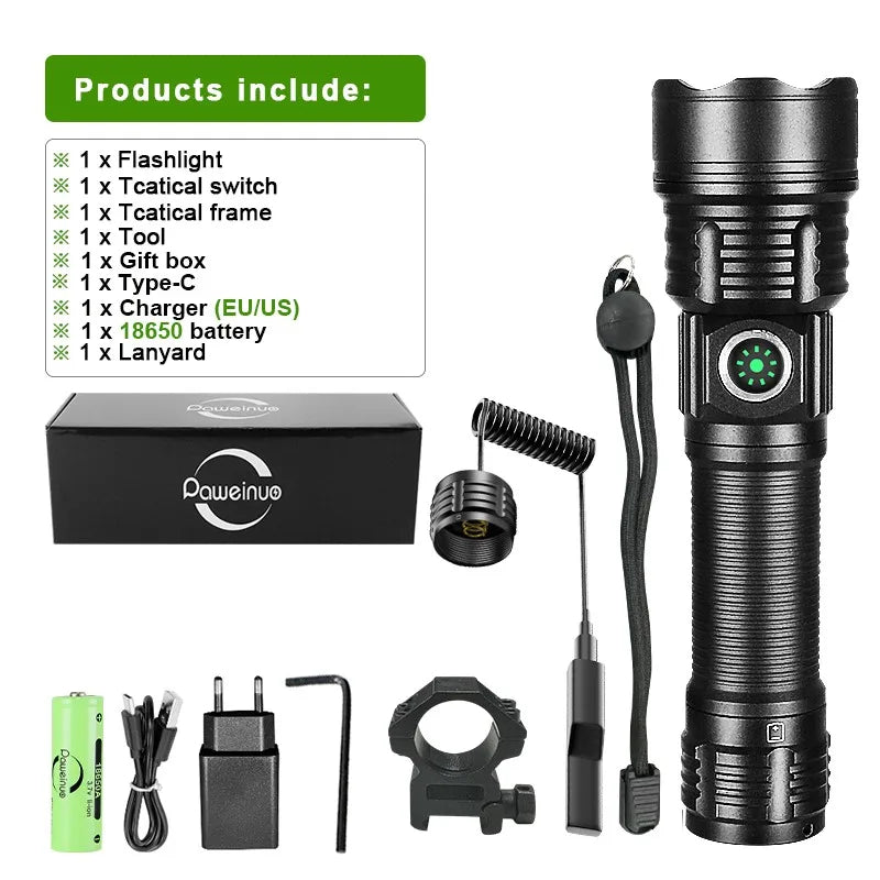 LED Tactical Military Flashlight High Power Rechargeable USB 18650 Torch Light Self Defense Hunting Night Scout Zoom Flashlights