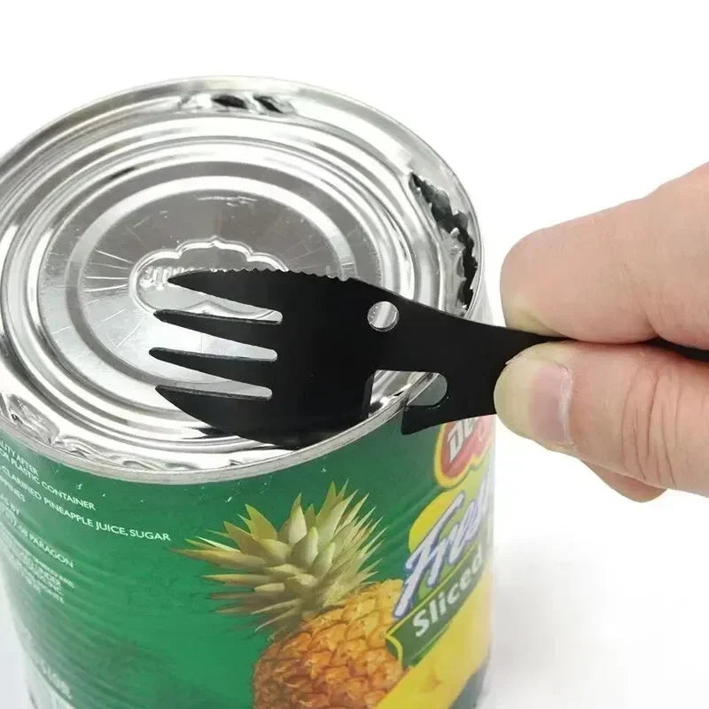 Camping Utensils Set – Stainless Steel 5-in-1 Outdoor Survival Tableware with Fork, Spoon, Knife & Opener for Hiking & Travel