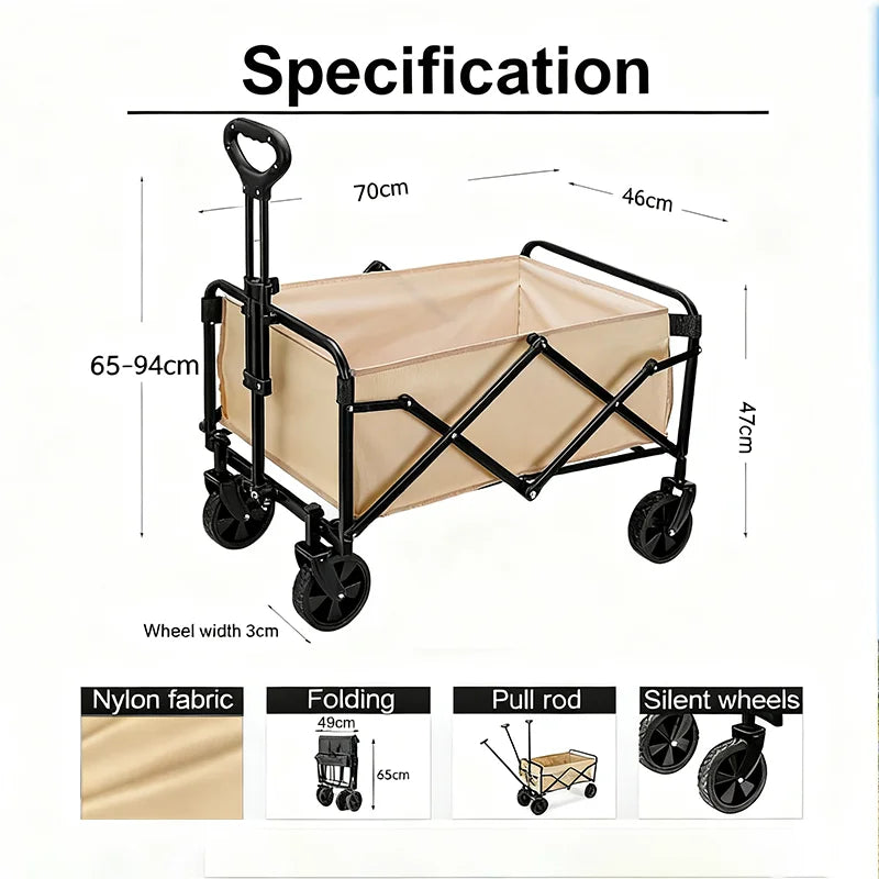 Carro de Jardín Plegable – Carretilla de Mano Resistente de 4 Ruedas para Camping, Playa, Jardín y Compras (Carga de 80-200kg)