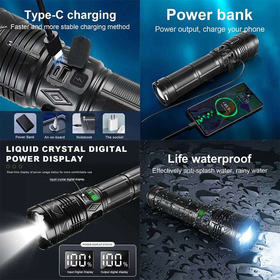 Ultra Bright Tactical Flashlight – USB Rechargeable 5KM Zoom Torch Light for Fishing, Hunting & Outdoor Use