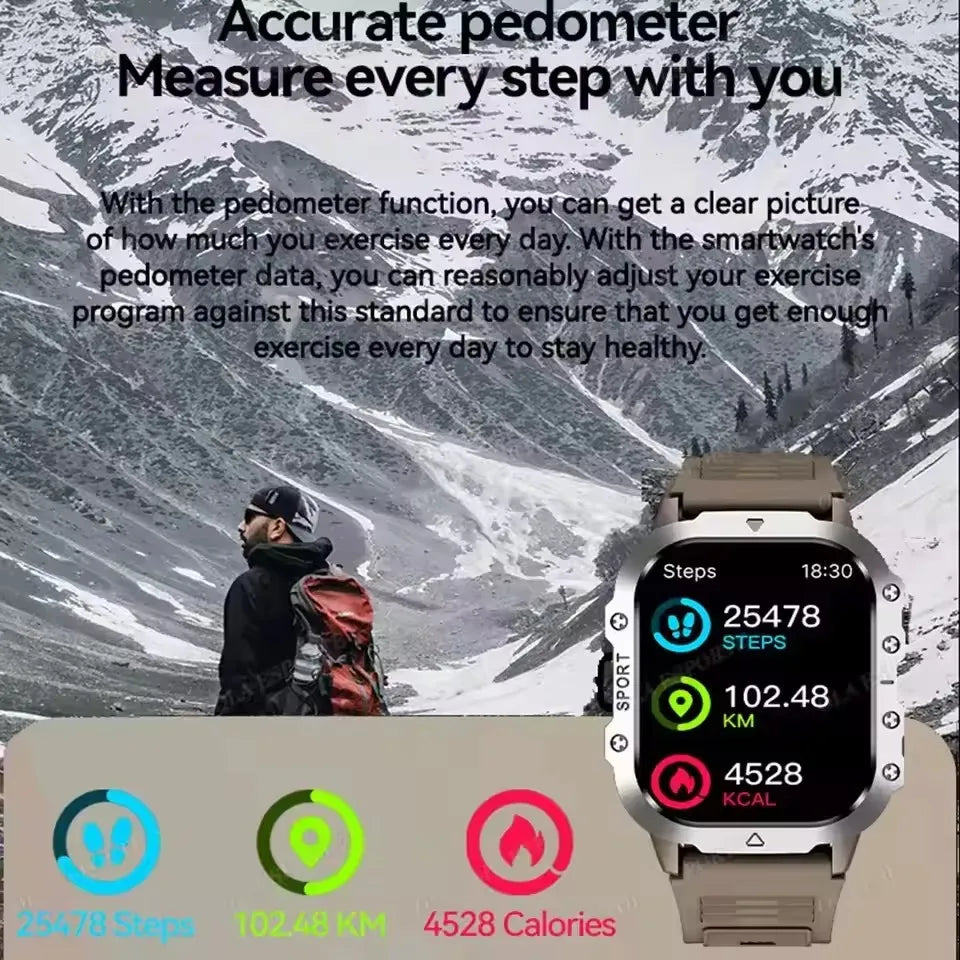 Military GPS Smart Watch – 2.01" AMOLED Bluetooth Call Flashlight 3ATM Waterproof Sports Smartwatch for Men