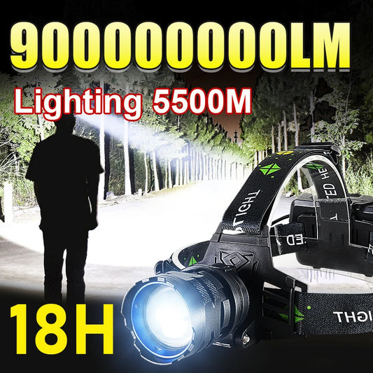 900000000LM Super High Power LED Headlamp USB Rechargeable Head Light Zoomable Lantern Long Range Head Flashlight For Camping