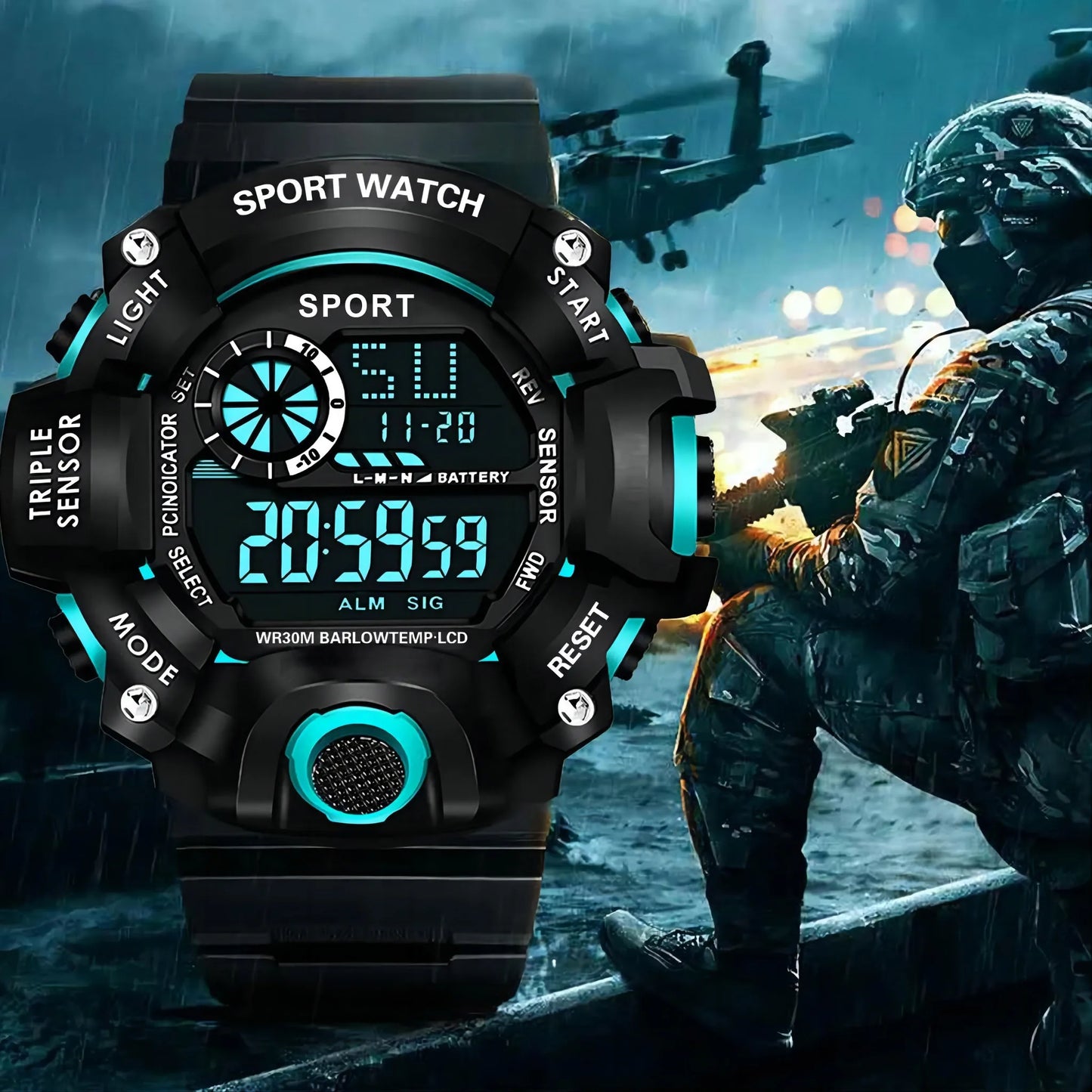 Men's Military Sports Watch – Large Dial Multifunctional Waterproof Luminous Alarm Digital Wristwatch for Men & Kids