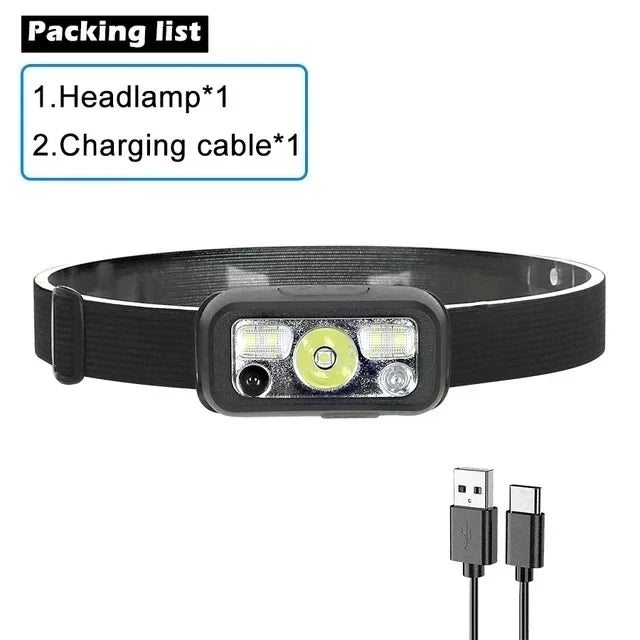 Sensor LED Headlamp – Rechargeable, 5 Lighting Modes, Built-in Battery for Camping & Fishing