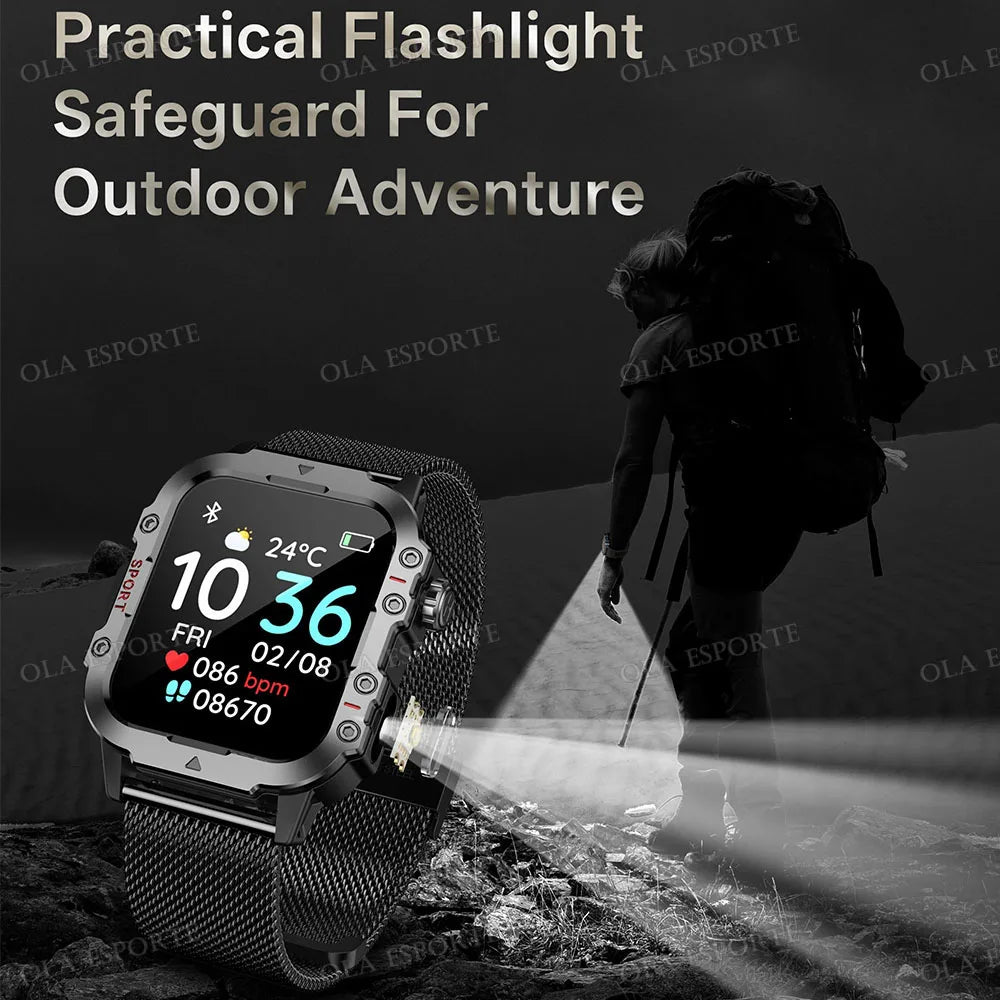 Military Smart Watch – GPS Flashlight 3ATM Waterproof Bluetooth Call 100+ Sport Modes Outdoor Smartwatch for Men