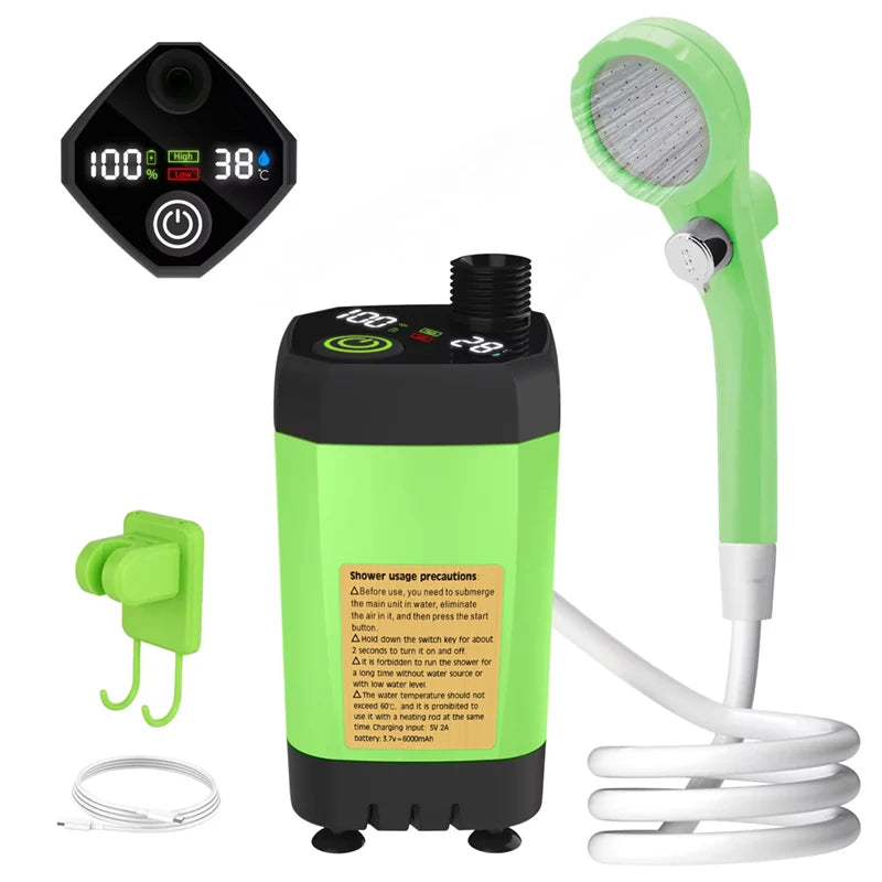 Bomba de ducha portátil para camping – Batería de 6000 mAh con pantalla digital para camping, caravanas y uso exterior