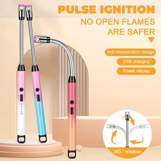 3PCS/Set USB Rechargeable Electric Lighter LED Display 360 Degree Rotation Windproof Lighters for Smokers Kitchen BBQ Candle Use
