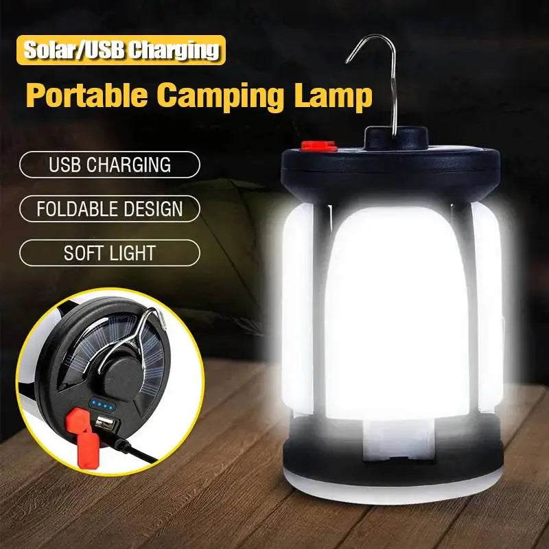 Linterna de camping recargable solar y USB – Luz LED plegable de 500 lúmenes con 6 modos y carga de teléfono para camping y emergencias