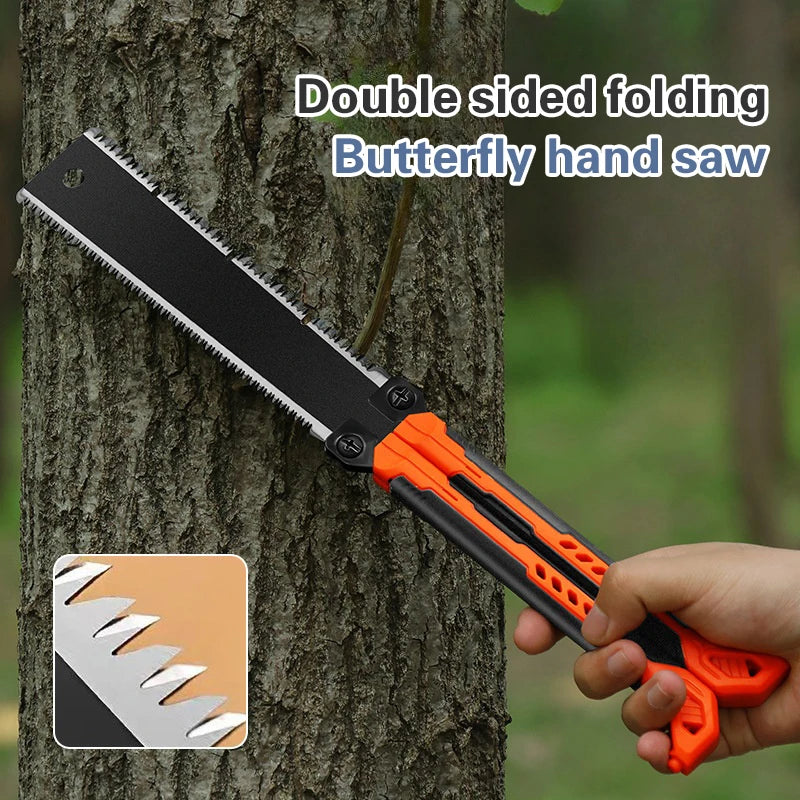 Serrucho de bolsillo plegable de 14" – Sierra de tracción de doble filo de acero con alto contenido de carbono SK5 para camping, carpintería y supervivencia