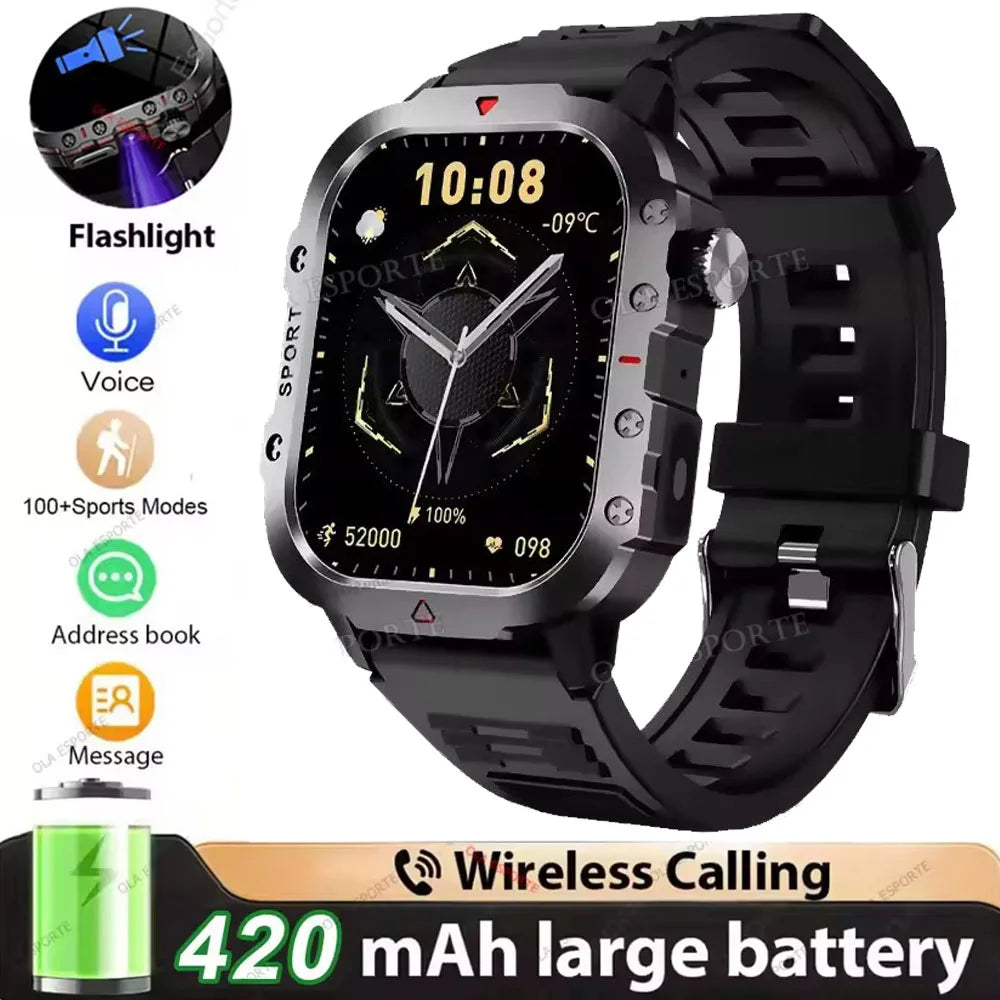 Military Smart Watch – GPS Flashlight 3ATM Waterproof Bluetooth Call 100+ Sport Modes Outdoor Smartwatch for Men