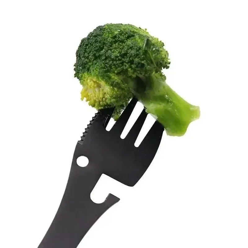 Camping Utensils Set – Stainless Steel 5-in-1 Outdoor Survival Tableware with Fork, Spoon, Knife & Opener for Hiking & Travel