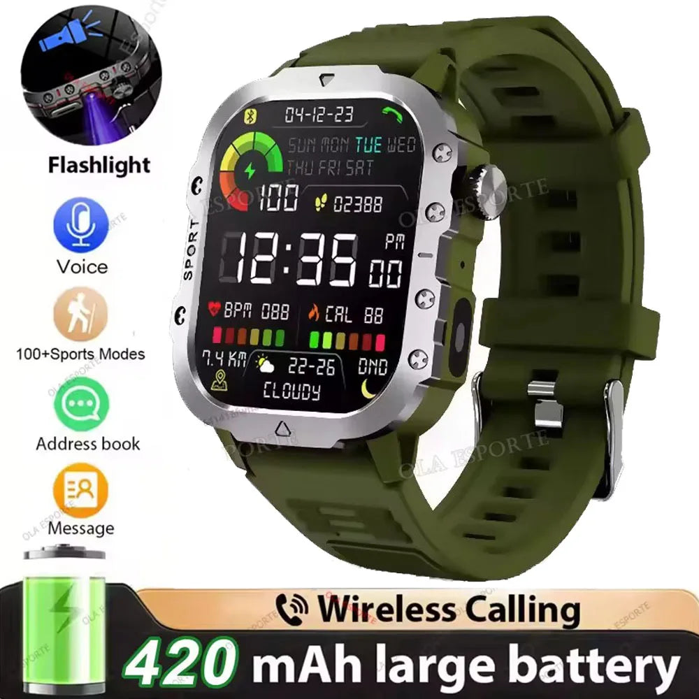 Military Smart Watch – GPS Flashlight 3ATM Waterproof Bluetooth Call 100+ Sport Modes Outdoor Smartwatch for Men