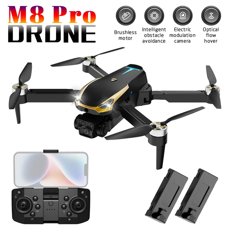 M8 Pro Drone — 2 Batteries, HD Camera, Brushless Motor, Obstacle Avoidance