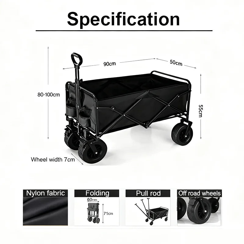Carro de Jardín Plegable – Carretilla de Mano Resistente de 4 Ruedas para Camping, Playa, Jardín y Compras (Carga de 80-200kg)