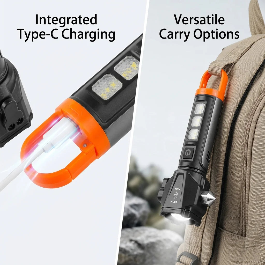 Tactical LED Flashlight – Emergency Defense Torch with Safety Hammer, Seatbelt Cutter & Strobe Mode for Survival & Car Safety