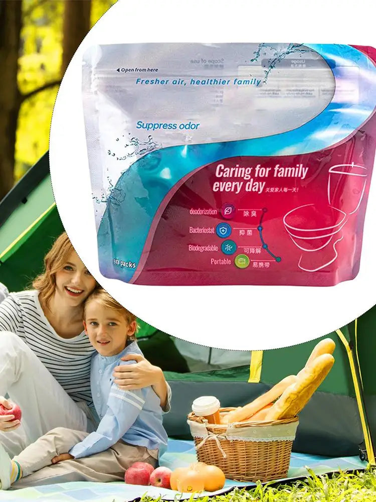 Polvo Gelificante para Residuos de Inodoros Portátiles – Solidificador de Líquidos y Neutralizador de Olores para Inodoros de Camping y Emergencia (Paquete de 30)