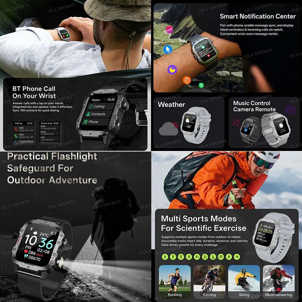 Military Smart Watch – GPS Flashlight 3ATM Waterproof Bluetooth Call 100+ Sport Modes Outdoor Smartwatch for Men
