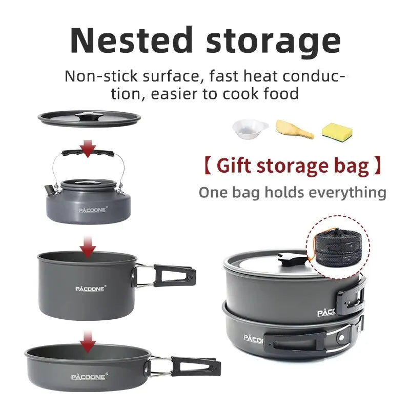 PACOONE Portable Camping Cookware Set – Outdoor Pot, Pan, Kettle & Tableware Kit