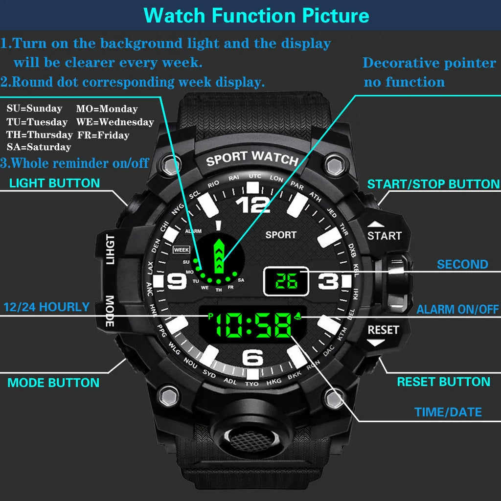 Men's Military Sports Watch – Large Dial Multifunctional Waterproof Luminous Alarm Digital Wristwatch for Men & Kids