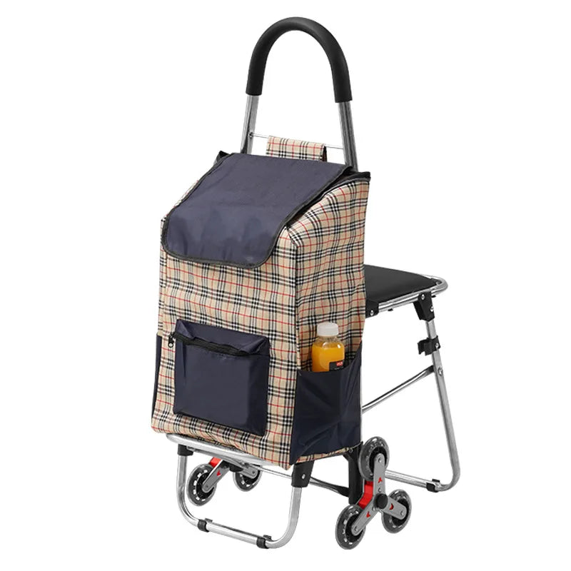 Carrito Plegable de 3 Ruedas con Asiento – Carrito de Compras para Subir Escaleras para Personas Mayores y Uso en Exteriores (Gris, Marrón, Rojo)