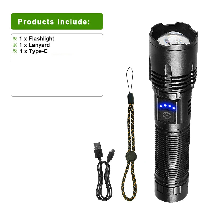 990000000LM LED Strong Light Flashlight Portable Rechargeable Lamp Built-in Battery Long Range Tactical Lantern Outdoor Lights