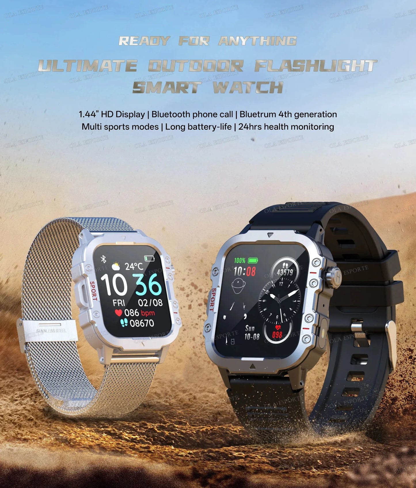 Military Smart Watch – GPS Flashlight 3ATM Waterproof Bluetooth Call 100+ Sport Modes Outdoor Smartwatch for Men