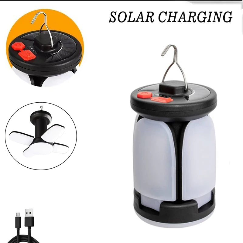 Linterna de camping recargable solar y USB – Luz LED plegable de 500 lúmenes con 6 modos y carga de teléfono para camping y emergencias
