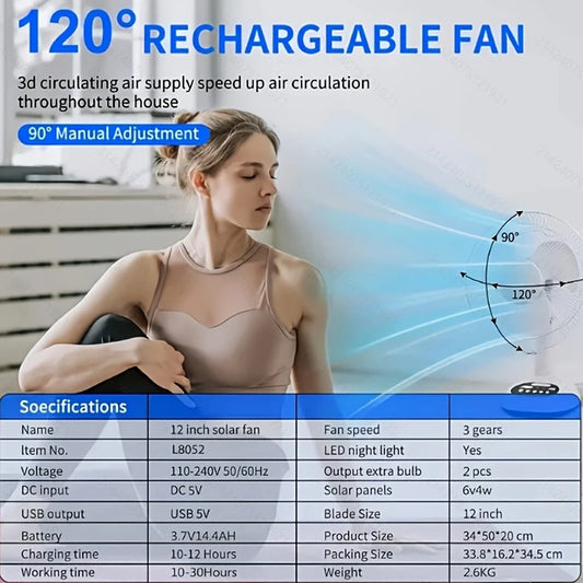 1pcs 12 inch 14400mAh battery capacity portable solar charging fan with 2 bulbs with LED lighting and USB phone charging
