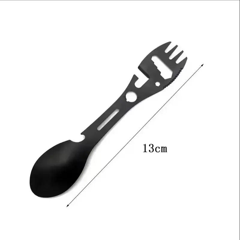 Camping Utensils Set – Stainless Steel 5-in-1 Outdoor Survival Tableware with Fork, Spoon, Knife & Opener for Hiking & Travel