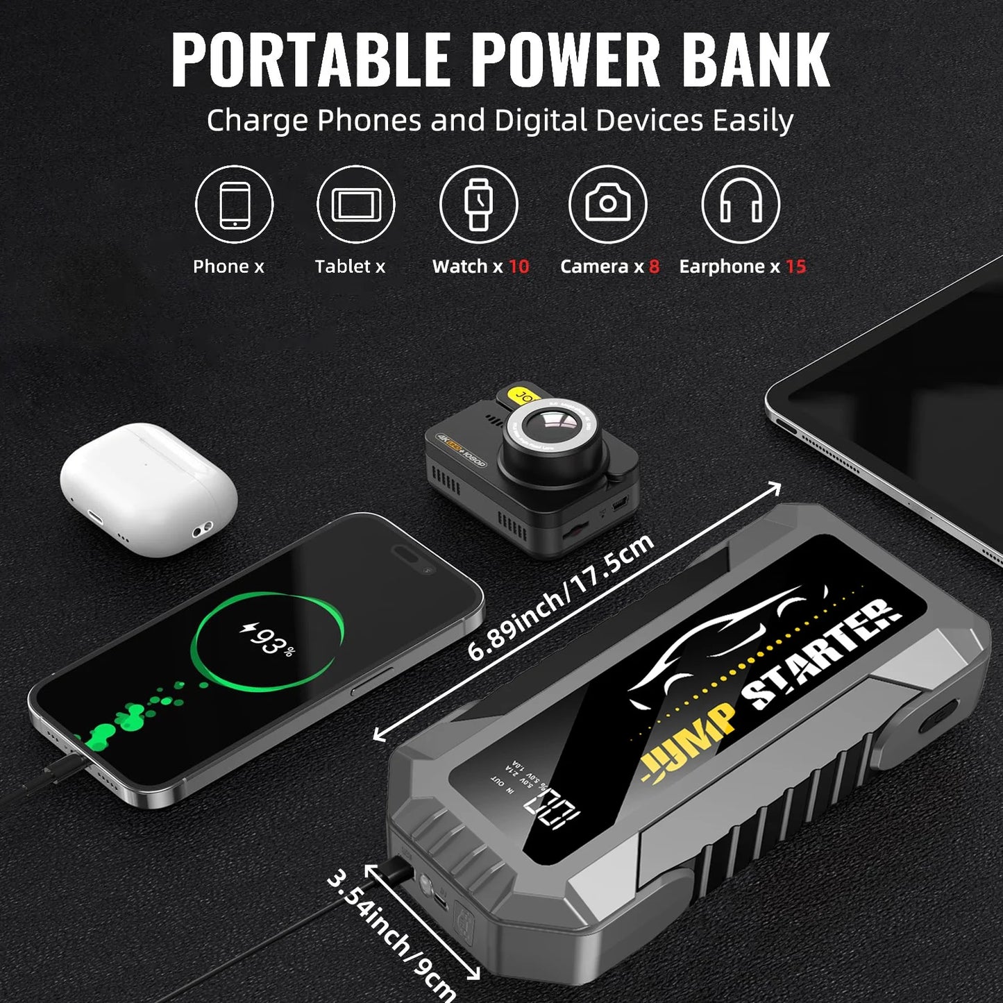 Car Jump Starter 5000A — 20000mAh Power Bank, Fast Charge, LED Flashlight